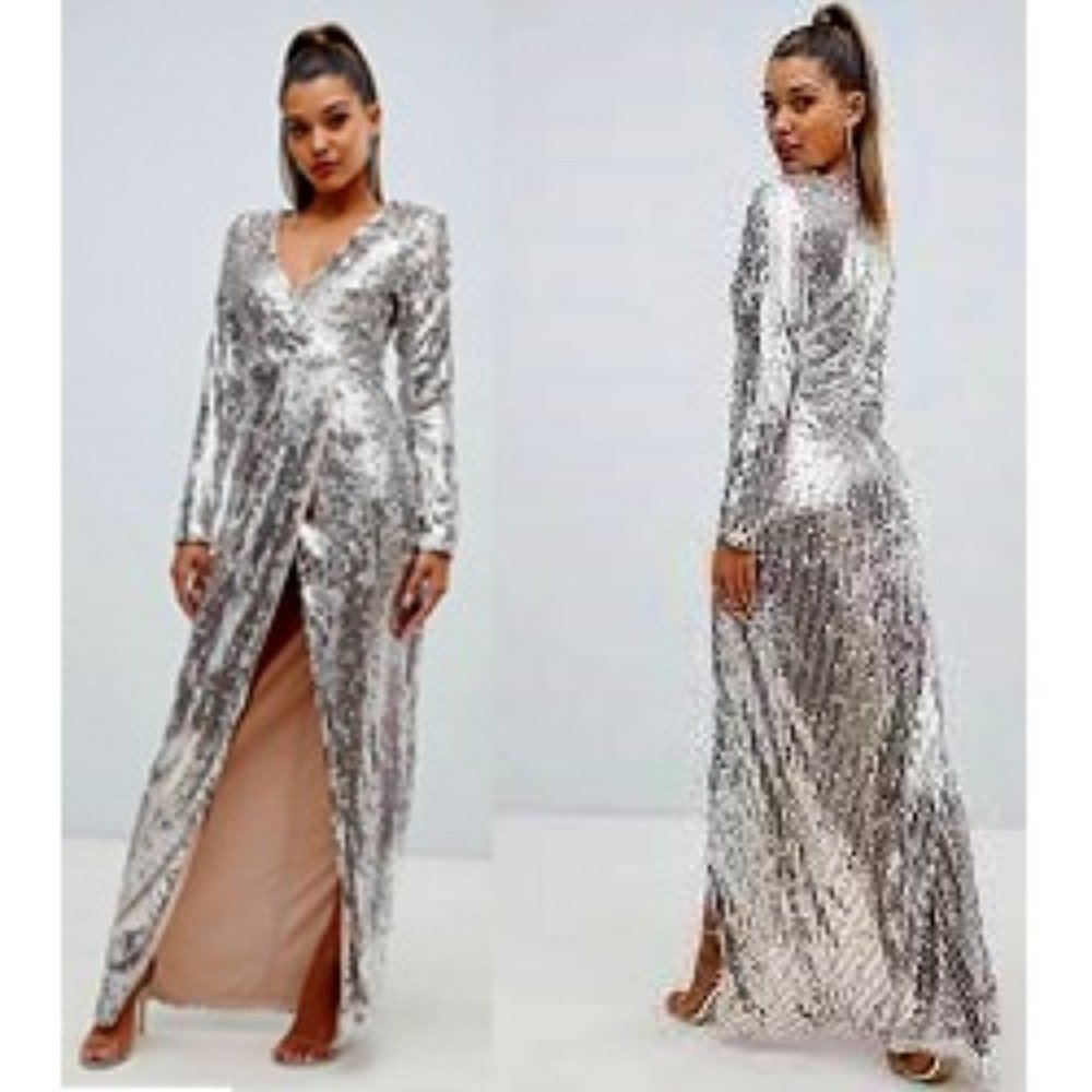 💥SHOWSTOPPER💥Nordstrom Club L. Silver Sequin Thigh Split Maxi Dress
